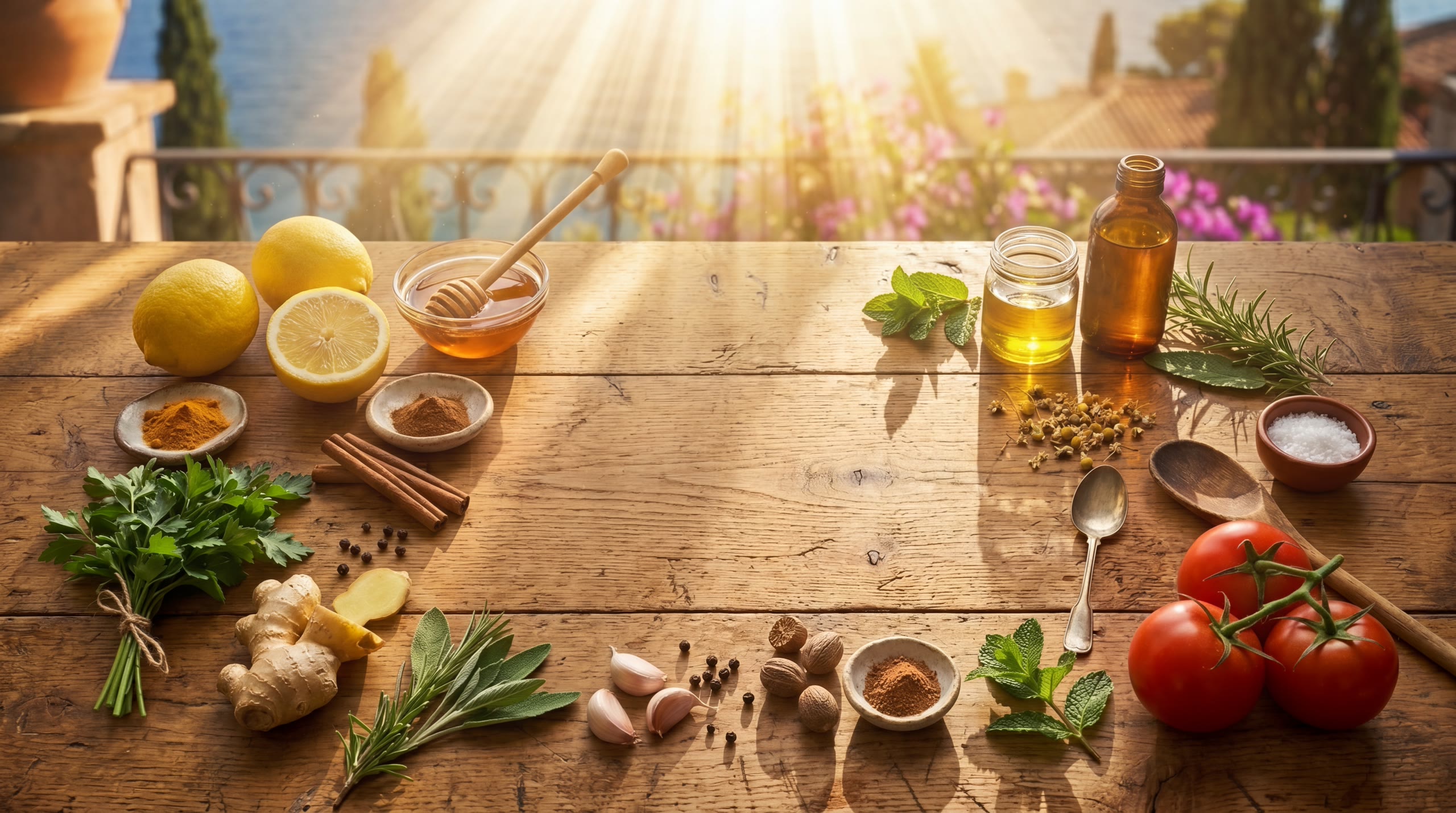 A Mediterranean spread — lemons, honey, herbs, spices on wood